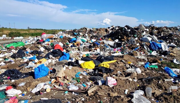 Large Outdoor Garbage Pile Scattered Across Open Landfill Under Blue Sky