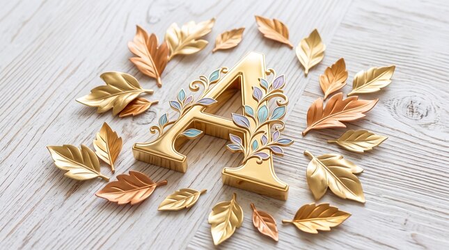 Elegant Golden Letter A Surrounded by Decorative Metallic Autumn Leaves