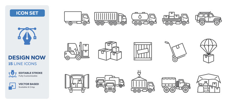 flat vector illustration line art icon bundle set design highlighting industrial warehouse logistics cargo shipping forklifts delivery transports and distribution UI