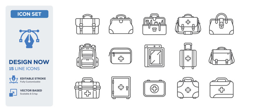flat vector illustration line art icon bundle set design depicting medical healthcare emergency first aid kits doctor bags hospital supplies and clinical treatments