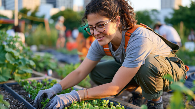 Single professional urban gardening teacher crouches by candlelight in a community kitchen garden, planting seedlings in a raised bed, evening urban agriculture instruction, food sovereignty educato