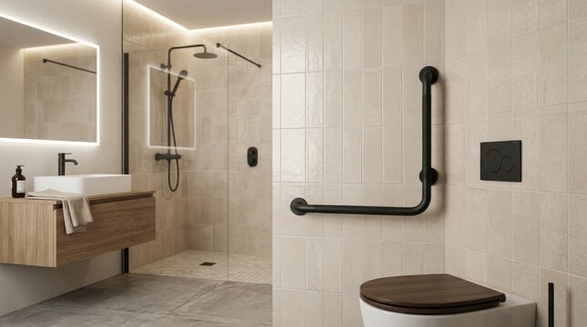 Modern accessible bathroom interior with grab bar and wood toilet seat.