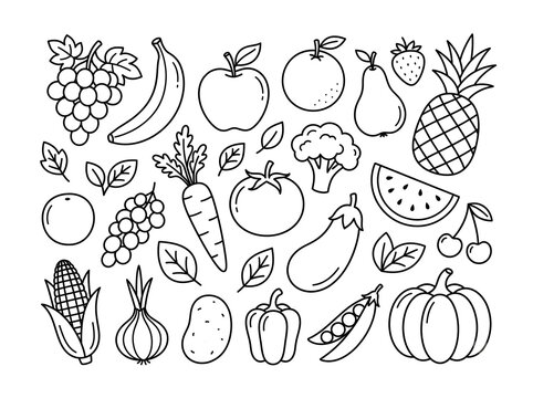 Vegetables and fruits coloring page on an isolated white background. Generated with AI