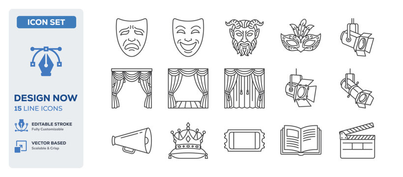 flat vector illustration line art icon bundle set design representing theatrical stage performances comedy tragedy masks cinema acting dramas and entertainment UI apps