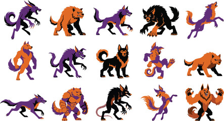 Naklejka premium Collection of various werewolf character illustrations for a spooky happy halloween day celebration and festive horror themed design projects