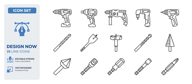 flat vector illustration line art icon bundle set design depicting hand power tools electric drills woodworking equipments carpenter hardwares and mechanical fixing UI