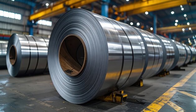 Large Shiny Steel Coil Stored on Factory Floor in Industrial Warehouse