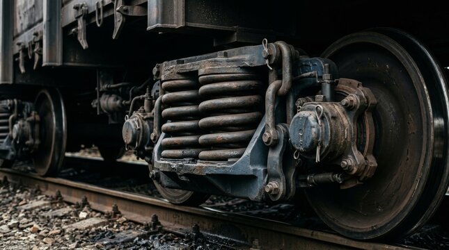 Close up of heavy duty train bogie and iron wheels on railway tracks.