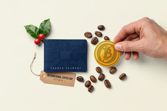 Concept of Digital Cryptocurrency Payment for Coffee Farmers Featuring a Bitcoin Coin and Roasted Coffee Beans