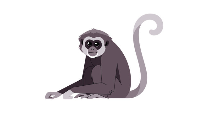 Detailed artistic illustration of a gray gibbon monkey sitting on the ground with a long tail in a simple character design against white.