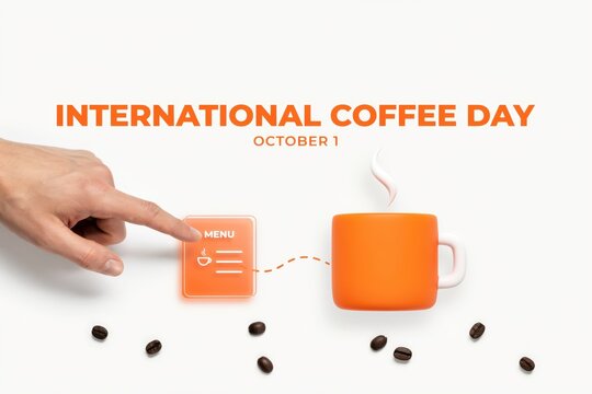 Hand pressing digital coffee menu icon to order hot morning mug with scattered beans for International Coffee Day concept