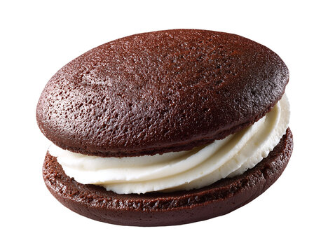 Chocolate whoopie pie with smooth vanilla cream filling between soft cake-like cookies, isolated on a white background.