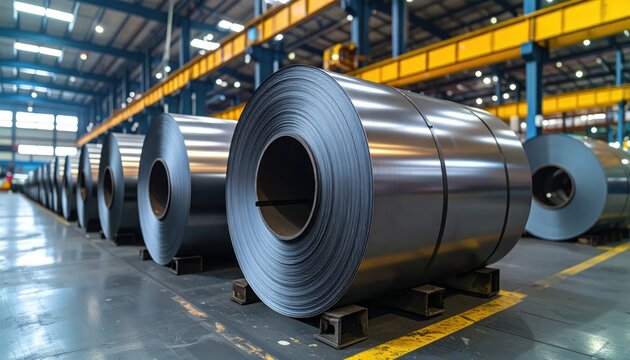 Large Shiny Steel Coils Arranged on Factory Floor in Industrial Warehouse