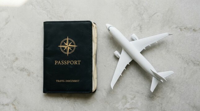 Black passport with gold compass emblem and toy airplane on grey background.