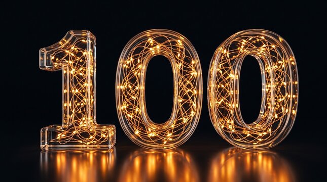 Three Dimensional Glowing Number One Hundred With Warm Fairy Lights