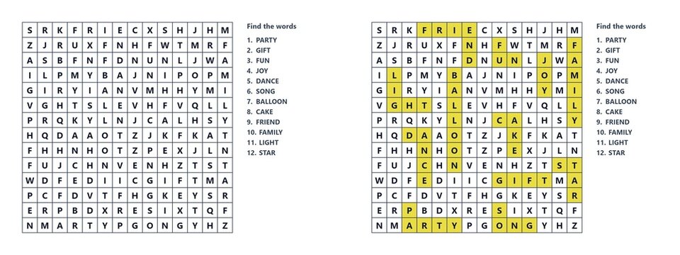 Word search puzzle with highlighted words and grid layout  