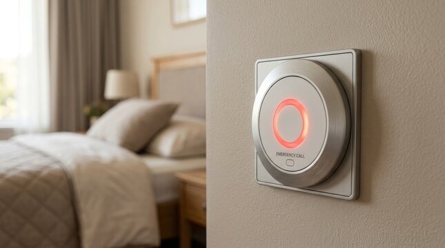 Smart home wall thermostat controller in a modern bedroom.
