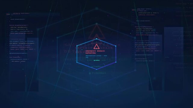 Cyber Security Breach Alert Warning on Futuristic Digital Network Interface Background
