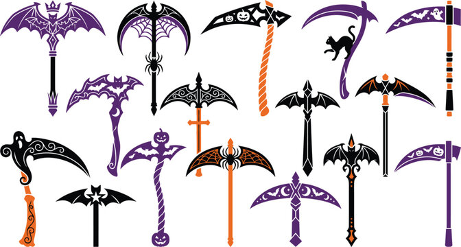 Collection of decorative fantasy weapons and scythes for happy halloween day celebration featuring dark gothic style design elements