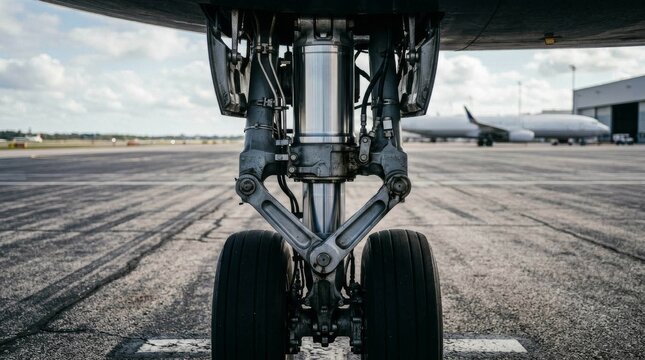 Close up view of a commercial airplane landing gear assembly on the runway.