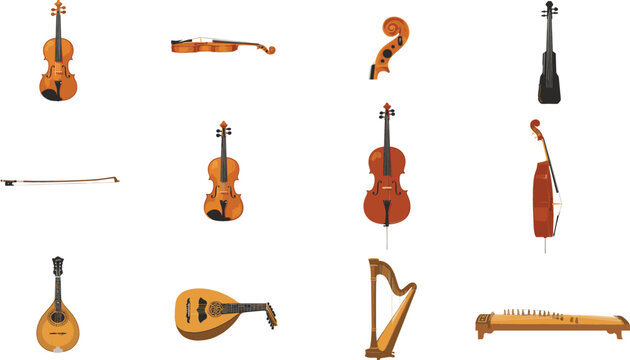 Classical string musical instruments vector set including violin cello harp and mandolin isolated on white background