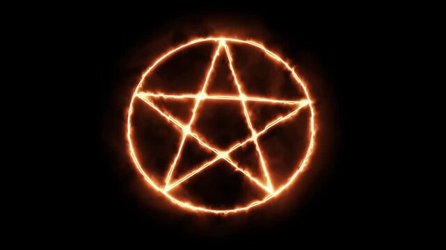 Fiery pentagram graphic animation symbol glowing in dark background circle outline motion occult magic ritual element arcane glowing cinematic loop.
