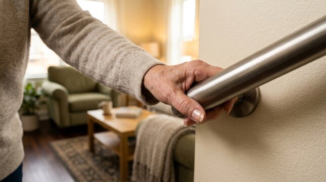 Senior person holding onto a secure metal stair handrail for balance and safety in home.