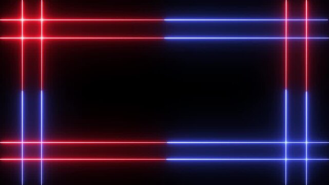Glowing red and blue neon light frame border animation on black background dynamic motion graphic design element for futuristic video overlay and composition.