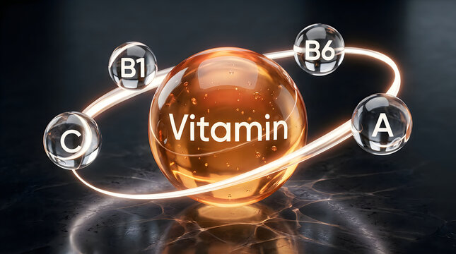 Golden vitamin capsule surrounded by orbiting spheres with labels a b1 b6 and c on dark background