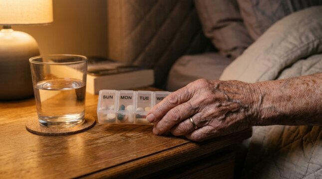 Elderly person taking daily medication before sleeping.