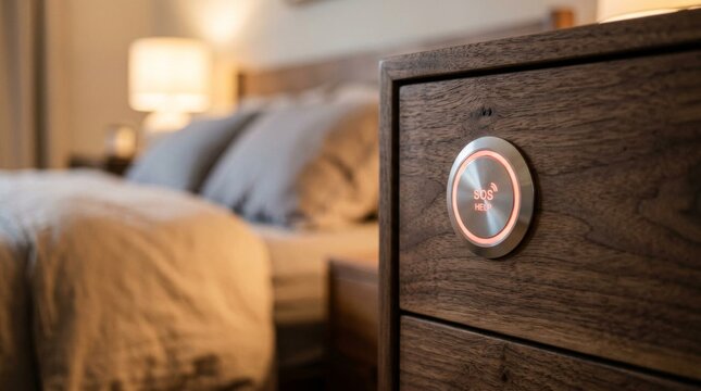 Smart home hub device mounted on dark wood bedside table in bedroom.