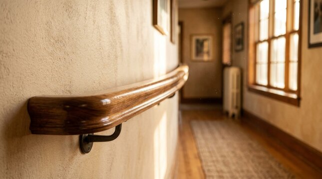 Close up of a wooden handrail in a classic hallway.