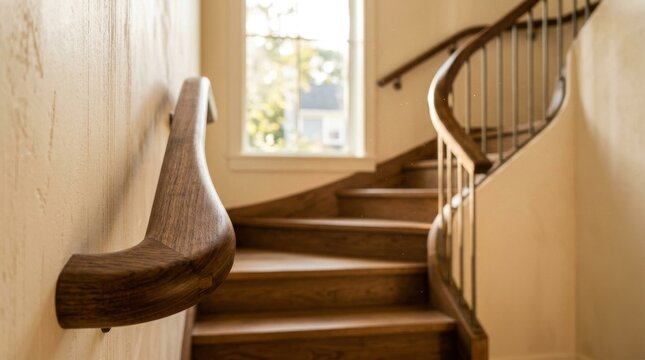 Elegant Curved Wooden Staircase with Classic Banister in a Bright Interior.