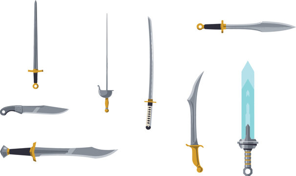 Sword icon set with katana rapier cutlass scimitar dagger and fantasy blade weapons flat vector collection isolated