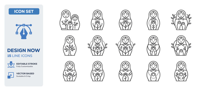 flat vector illustration line art icon bundle set design highlighting traditional russian matryoshka dolls babushka toys cultural souvenirs ethnic heritage wooden figures