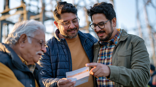 A multigenerational family stands together in early morning mist near a power grid substation, a middle-aged son gently persuading his reluctant elderly father to review a preventive health screenin