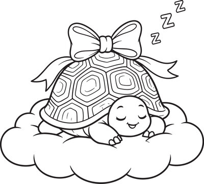 Cute sleeping turtle on a cloud. Adorable baby tortoise illustration for coloring pages.