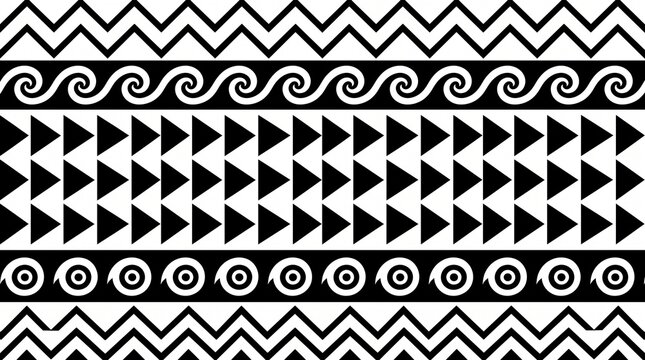 Monochrome Tribal Pattern Border with Geometric and Polynesian Inspired Motifs
