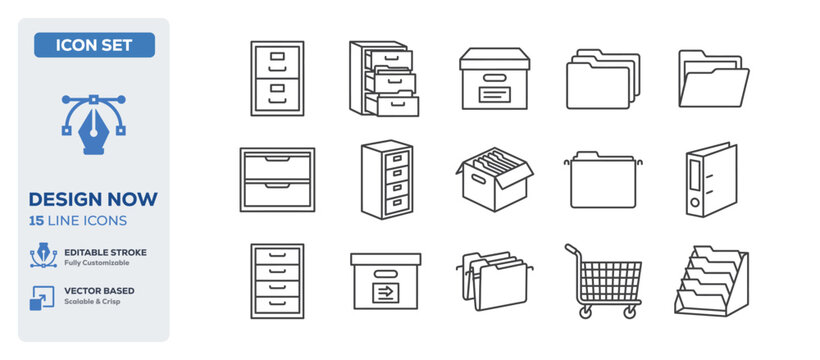 flat vector illustration line art icon bundle set design focusing on office document storage file cabinet folders archiving drawers paperwork and organization UI graphics