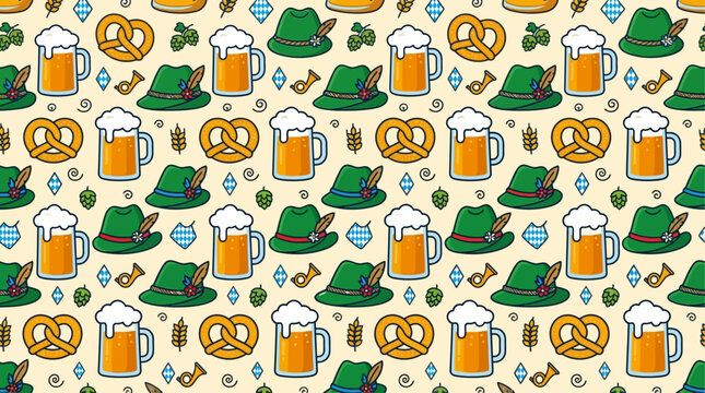 Seamless Oktoberfest pattern featuring beer mugs, pretzels, Bavarian hats and hops, flat cartoon style, perfect for festival backgrounds and packaging design