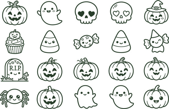 Set of cute hand drawn halloween icons featuring a festive spooky character and pumpkin art style silhouette