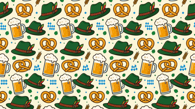 Seamless Oktoberfest pattern featuring beer mugs, pretzels, Bavarian hats and hops, flat cartoon style, perfect for festival backgrounds and packaging design