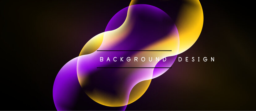 Abstract fluid shapes, vibrant purple, yellow hues. Modern background design with gradient effects. Dark backdrop enhances color contrast.