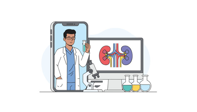 Male doctor provides a virtual medical consultation about kidney health through a smartphone and computer screen in a lab.