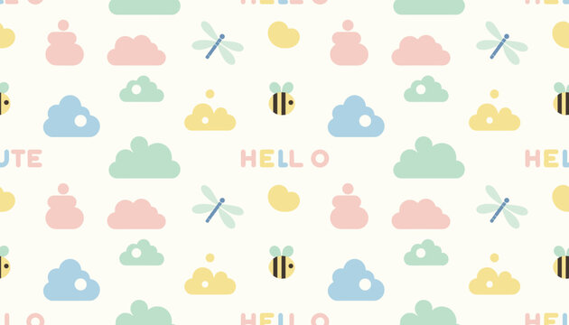 Charming seamless pattern for children featuring colorful clouds, bees, dragonflies, and the word hello on a cream background.