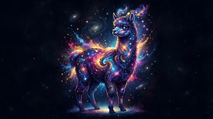 Fototapeta premium A magical alpaca standing in the middle of a vibrant glowing galaxy.