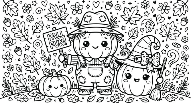 Cute scarecrow with pumpkins and autumn leaves in a detailed black and white line art silhouette