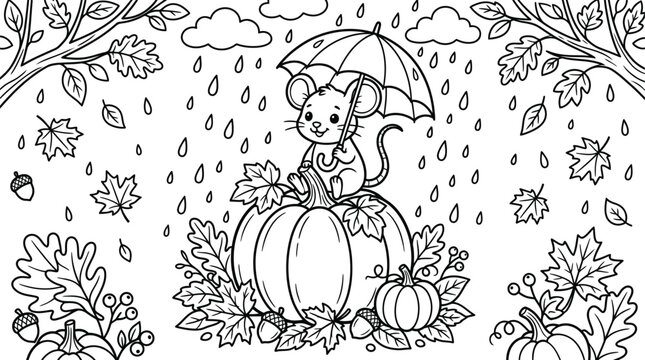 Cute cartoon girl sitting on a pumpkin in the rain with autumn leaves in a black silhouette