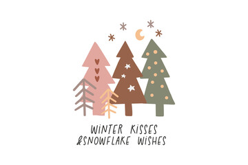 Fototapeta premium Winter Kisses Snowflake Wishes Boho Christmas Trees Moon Stars Holiday Quote Design