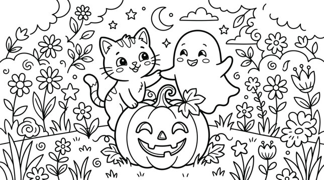 Cute cartoon cat and ghost sitting on a jack o lantern in a floral garden silhouette